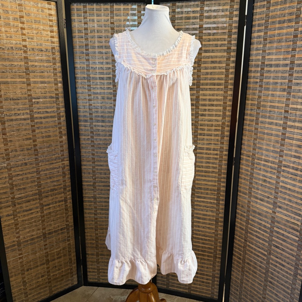 Lanz of Salzburg Nightgown Women Small Pink White Striped Cotton Lace Vintage